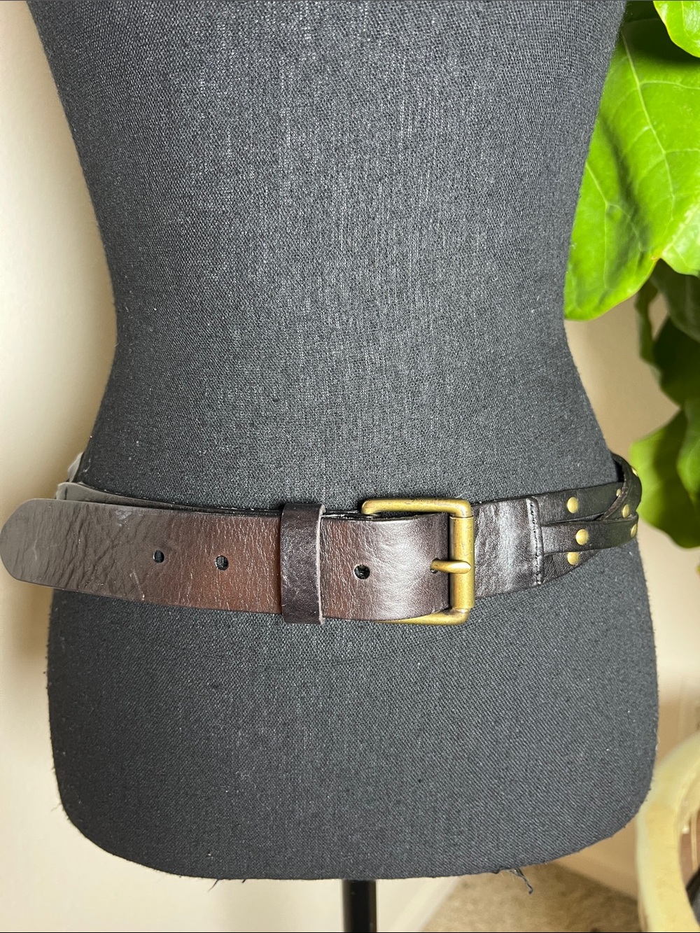 Ralph Lauren Women’s Black Braided Rivet Accent Belt Brass Antique Tone Buckle M